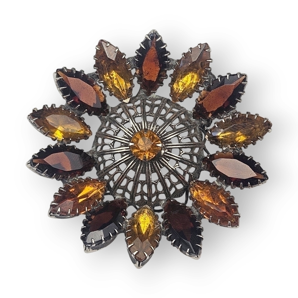 Vintage Sunburst Flower Brooch Topaz Amber Rhinestone Dome Filigree Silver Plate